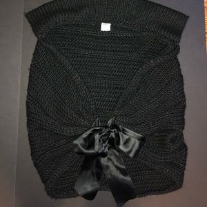 Furla Black Knit Shawl/wrap with Satin Ribbon Ties